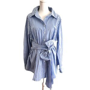 Lane Bryant 20 Plus Striped Button Down Tunic Top Belted Waist Tie Shirt Blouse